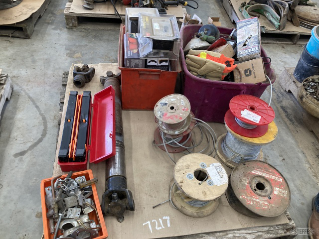 Pallet of tractor lights, cable, warning flare, hardware